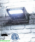 Rotatable 150W LED Wall Pack Light With Dusk To Dawn Photocell, 21000LM, mounted on brick wall in rain
