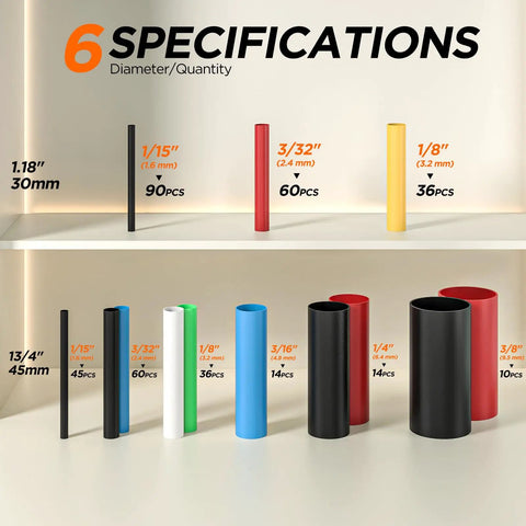 6 specifications of Hefty 365 Piece 5 To 1 Heat Shrink Tubing Kit showing various sizes and quantities of wire seals.