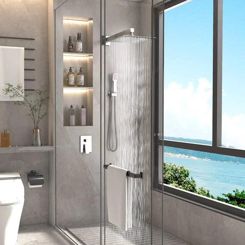 All In One Shower System With 10 Inch Chrome Rain Shower Head Square Wall Mounted Rainfall Set Includes Valve And Trim Kit Complete Faucet And Shower Combo For Modern Bathrooms installed in modern bathroom with sea view.