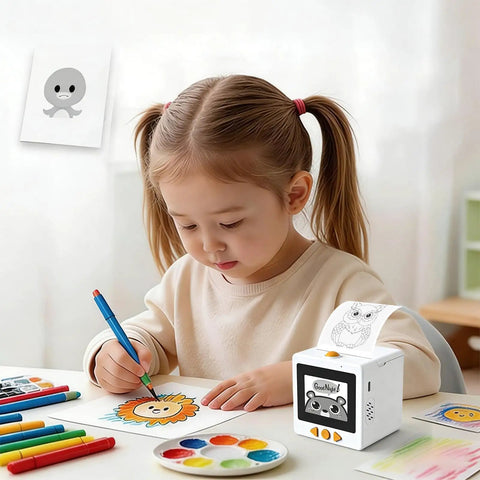 Sweet Smart AI Voice Activated Sticker Printer Portable Inkless Thermal Craft Device With Touchscreen Panel For Quick Kid Friendly Art Creations And No Sweat Cleanup Always in use by a child drawing.