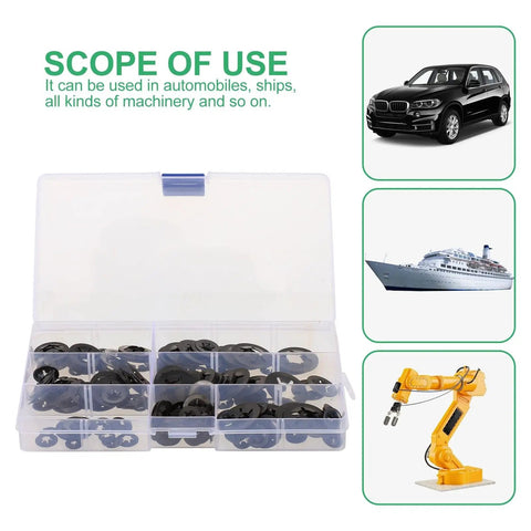 Internal Tooth Lock Washers And Push On Fastening Clips Kit For Industrial Fastening And Mechanical Projects in plastic case
