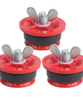 Three 1-1/2 in end-of-pipe gripper plugs; red plastic bodies, black seals, and silver wing-nut tops.