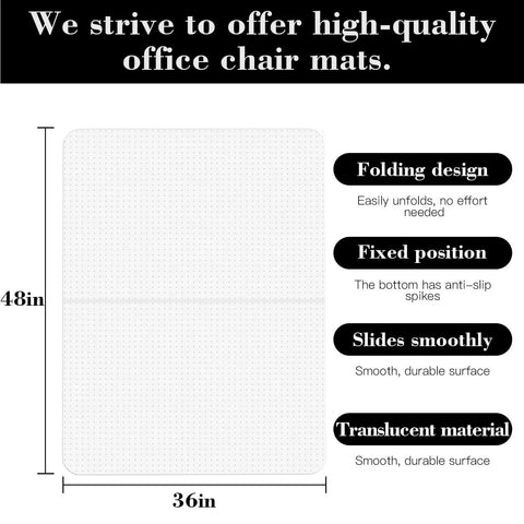 Diagram of Foldable 36 By 48 Inch Chair Mat For Carpeted Floors with folding design and anti-slip features