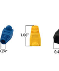 RJ45 Ethernet Cable Boots Kit With Mixed Color Options showing blue, yellow, black strain relief covers with size dimensions 1.06", 0.24", 0.47".