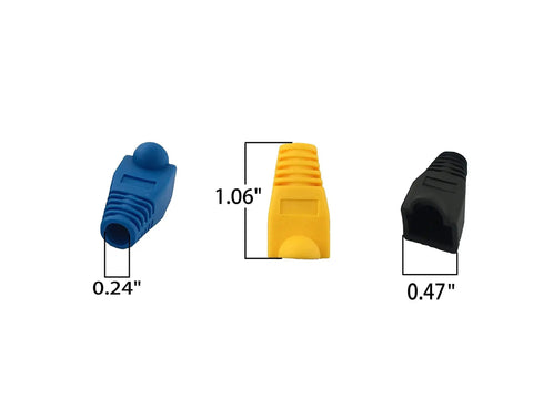 RJ45 Ethernet Cable Boots Kit With Mixed Color Options showing blue, yellow, black strain relief covers with size dimensions 1.06", 0.24", 0.47".