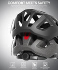 Lightweight Adult Bike Helmet With USB Rechargeable Rear Light, Detachable Magnetic Goggles, OTG Visor, adjustable fit dial.