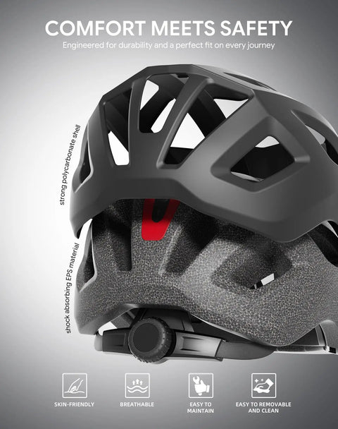 Lightweight Adult Bike Helmet With USB Rechargeable Rear Light, Detachable Magnetic Goggles, OTG Visor, adjustable fit dial.