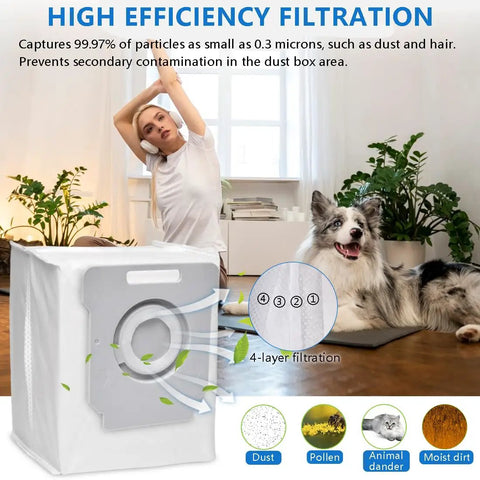 18 Pack Vacuum Bags For Roomba Series Fit I7 I7 Plus I3 I3 Plus I4 I4 Plus I6 I6 Plus I8 I8 Plus I1 I1 Plus J7 J7 Plus S9 S9 Plus With Automatic Dirt Disposal Compatibility And Upgraded Sealing For Cleaner Longer Lasting Vacuum Performance, featuring high efficiency filtration with woman and dog in living room