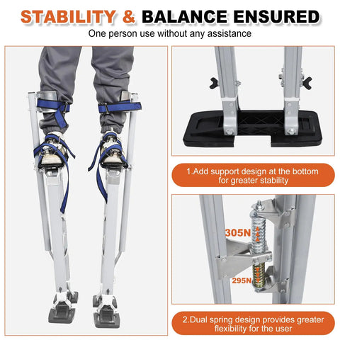 Beefed-Up Adjustable 24 To 40 Inch Aluminum Drywall Stilts for Painting and Taping, close-up of anti-skid soles and heel plates