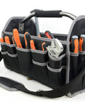 19 Inch Collapsible Tool Tote With Adjustable Shoulder Strap, waterproof Oxford organizer with grey trim, tools visible in pockets