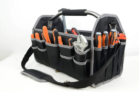 19 Inch Collapsible Tool Tote With Adjustable Shoulder Strap, waterproof Oxford organizer with grey trim, tools visible in pockets