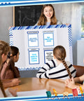 Teacher displaying Blue Boho 60 Trim Scalloped Poster Boards Set With 18 Presentation Subtitles 6 Self Adhesive Project Titles And 8 Letter Stickers