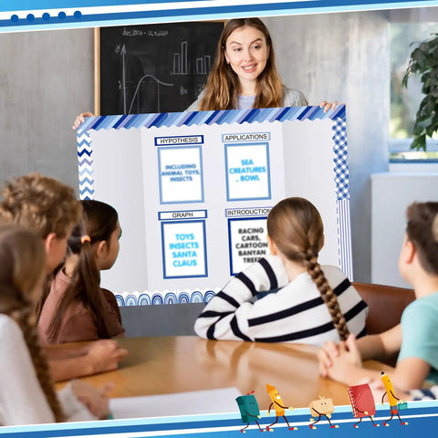 Teacher displaying Blue Boho 60 Trim Scalloped Poster Boards Set With 18 Presentation Subtitles 6 Self Adhesive Project Titles And 8 Letter Stickers