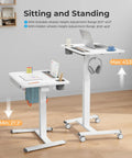 Mobile Standing Desk On Wheels With Drawer, 28 Inch Rolling Laptop Cart With Cup Holder And Hooks, height adjustable