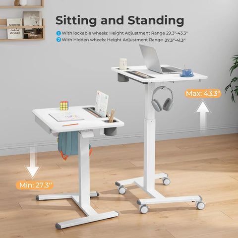 Mobile Standing Desk On Wheels With Drawer, 28 Inch Rolling Laptop Cart With Cup Holder And Hooks, height adjustable