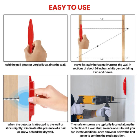 Image instructions for (4-Pack) Calvana Magnetic Stud Finder Wall Scanner showing usage steps, magnetic attachment, and detection method.