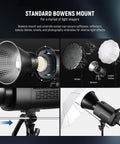 CB100C 130W RGB LED Video Light with Bowens mount, shown with softbox and reflector attachments, 360 degrees full color illumination