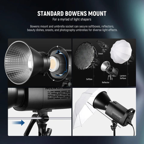 CB100C 130W RGB LED Video Light with Bowens mount, shown with softbox and reflector attachments, 360 degrees full color illumination