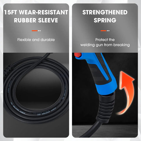 Get Ready To Weld Like A Pro With This Top Notch 250A Mill M-25 Mig Welding Gun Featuring A Rock Solid 15 Foot Cable That Easily Replaces Your Old Miller 169598 Torch And Fits Your Millermatic 200 210 212 250 251 Or 252 Machine Perfectly For Serious Jobs showing 15ft rubber sleeve and strengthened spring.