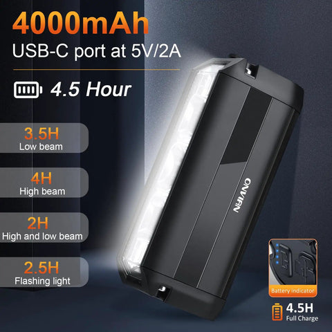 2000 Lumen Rechargeable Bike Headlight with Four LED Modes on display showing USB-C port and battery duration info.