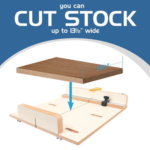 Heavy Mdf Crosscut Sled For Table Saw delivering dead on precision, showing cutting area for stock up to 13½ inches wide.