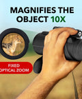 Long Range 10x42 High Powered Monocular For Bird Watching Hunting And Sports Great For Wildlife Viewing Lightweight Pocket Telescope With Bak4 Prism Easy Grip And Vibrant Clarity For Adults Bang For Buck, hand holding black monocular