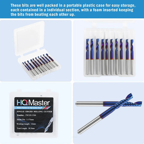 CNC Router Bits 10 Pack Single End Mill Set Tungsten Steel Milling Cutter Kit in plastic case