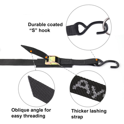 Cam Buckle Tie Down Straps 6 Ft Set Of 4 Heavy Duty 2200 Lb Break Strength With S Hooks showing coated hook and strap details