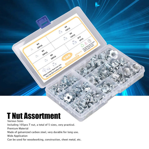 105 Piece Tee Nut Set Galvanized Carbon Steel 4 Prong T Nuts M4 M5 M6 M8 M10 assortment in organizer box