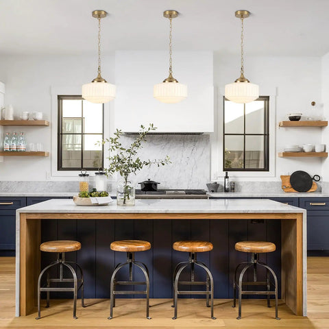 Lumraxsun Vintage Pendant Light Over Kitchen Glass Kitchen Pendant Light hanging above a modern kitchen island with wooden stools.