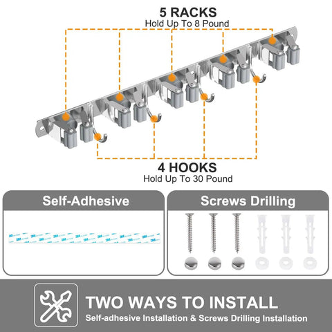 Diagram of Stainless Steel Broom Holder Wall Mount Organizer with 5 racks, 4 hooks, self-adhesive and screws installation options.