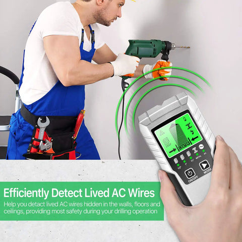 Man using 5 In 1 Stud Finder Wall Scanner With LCD Display Auto Calibration Beam Finder for wood metal studs and AC wires