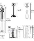 Heavy Hitting Immersion Blender Set With A Versatile Chop Bowl Whisk And Non Drip Measuring Jug powered by 700W Turbo Motor in polished chrome finish.