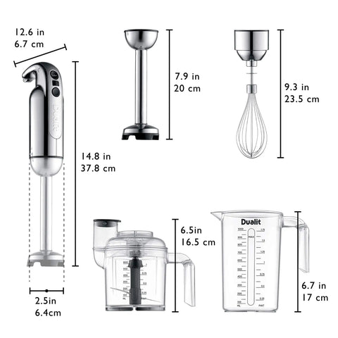 Heavy Hitting Immersion Blender Set With A Versatile Chop Bowl Whisk And Non Drip Measuring Jug powered by 700W Turbo Motor in polished chrome finish.