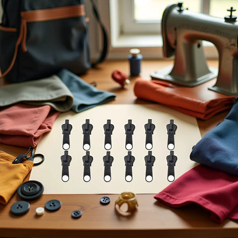 12 Piece Black Zip Puller Repair Kit For Zippers No Sweat Instant Slider Replacement Set For Jackets Coats Backpacks And Sewing Projects Universal Zipper Fix Sliders Quick Rescue Replacement Pack displayed on sewing table with accessories.