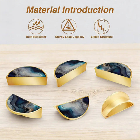 2 Pack Dope Deep Blue Gold Fluid Art Cabinet Pulls 3 Inch Center To Center Semicircle on wood surface showing design