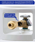 Close-up of brass Datanly forklift female propane connector; 1-1/4 in inlet x 1/4 in NPT outlet, rubber O-rings (2-pack).