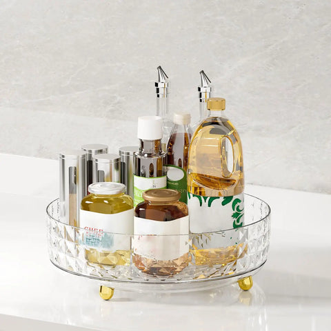 Non Slip Lazy Susan Turntable 9 Inch Clear One Tier Spinning Organizer For Kitchen Pantry Cabinet And Refrigerator, 360 Degree Rotating Spice Rack For Easy Access And Stable Storage with oils and condiments