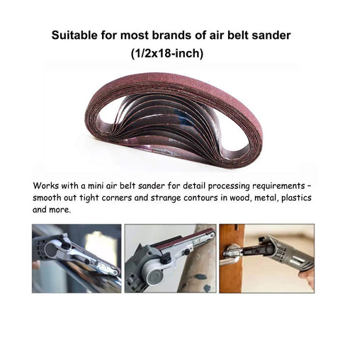 Image shows Three Eighths By Thirteen Inch Aluminum Oxide Sanding Belts Twenty Four Pack With Four Belts Each Of Assorted Grits 40 60 80 120 180 240 For Air Belt Sander Heavy Duty Open Coat Polyester Backing Long Lasting Sanding Performance stacked in a coil with close-up of air belt sander applications.