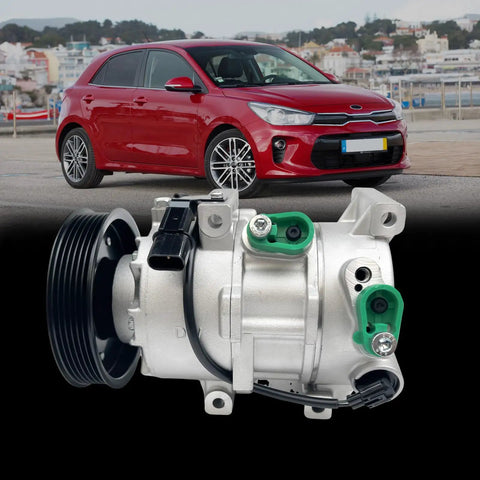 Heavy Duty AC Air Conditioner Compressor With Clutch For Hyundai Accent 2012 To 2017, showcasing six groove pulley and connectors.