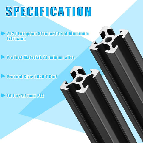 Ten Pieces Of 1000 MM 2020 Aluminum Extrusion European Standard Anodized Linear Rail For DIY CNC Workbench And 3D Printer Parts Black T Style Ideal For Makers And Hobbyists Building Custom Frames And Rigs, showing side profile with specifications.