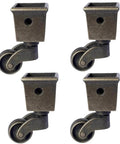 Set Of Four Antique Polished Square Tapered Cup Casters With Ultra Slick Rolling One Inch Wheels For Easy Furniture Hauling And Nifty Home Improvement Projects, showing heavy zinc build and smooth wheels.
