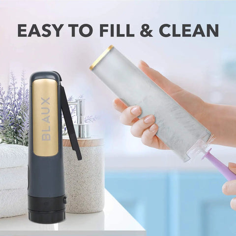 Electric Portable Bidet Sprayer Handheld USB Rechargeable Travel Bidet, easy to fill and clean, shown in bathroom setting.
