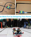 Line Following Robot Car Kit for Beginners Soldering Practice showing robots on various track designs.