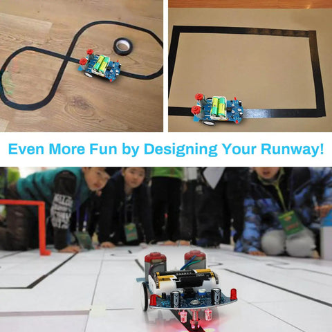 Line Following Robot Car Kit for Beginners Soldering Practice showing robots on various track designs.