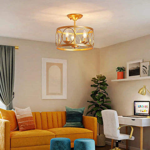 Room with 3 Light Farmhouse Semi Flush Mount Ceiling Light With Gold Finish For Kitchen Hallway Living Room And Bedroom, Rustic Modern Fixture