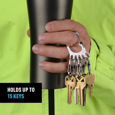 Hand holding Bigfoot Locker Key Rack With Five Locking S Biners And Stainless Steel Carabiner Chain, holds up to 15 keys.