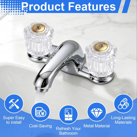 Upgrade Your Sink Game With This Killer Two Pack Clear Acrylic Faucet Handles And Rp25513 Cartridge Stem Repair Kit Featuring Sturdy Brass Valve Stems Built To Last While You Keep Things Fresh And Crisp Without The Mess Or Hassle Of Replacing Everything. clear acrylic two-handle bathroom faucet set on sink