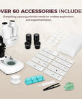 Dual LED Kids Microscope Science Kit With 52 Plus Pieces Including Mineral And Insect Specimens Prepared Slides And DIY Blank Slides Totally Great For Curious 8 To 12 Year Old Scientists. White microscope with slides and accessories.