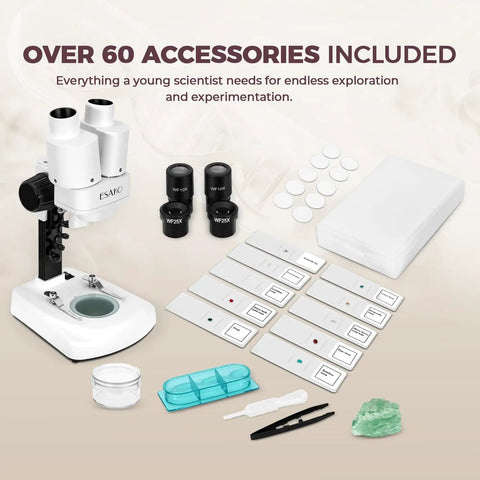 Dual LED Kids Microscope Science Kit With 52 Plus Pieces Including Mineral And Insect Specimens Prepared Slides And DIY Blank Slides Totally Great For Curious 8 To 12 Year Old Scientists. White microscope with slides and accessories.